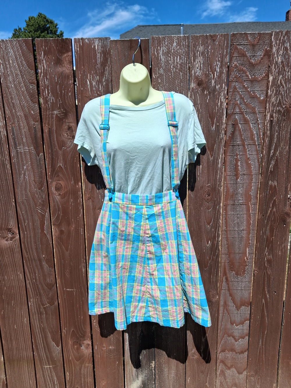 Pastel Plaid Suspender Skirt with Light Mint Tee
